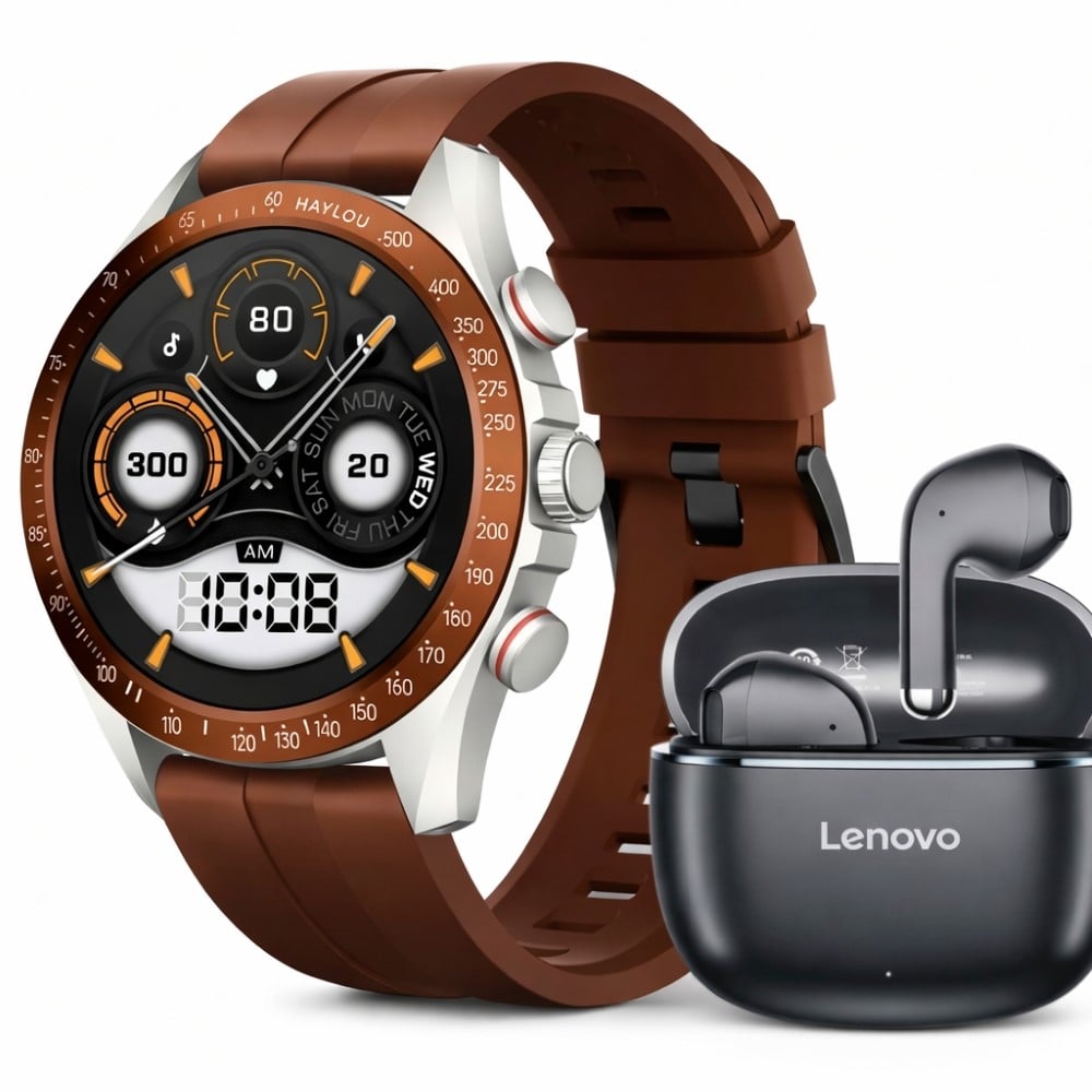 HAYLOU SMARTWATCH SOLAR PRO (LS18)- MARRON + LENOVO AUDIFONO BT TA120 NEGRO - 1