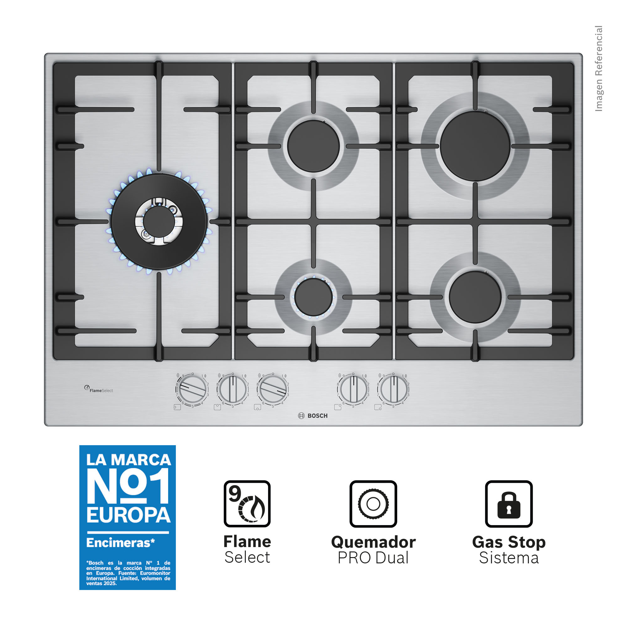 ENCIMERA EMPOTRABLE A GAS BOSCH 5 QUEMADORES PCS7A5I90 - 1