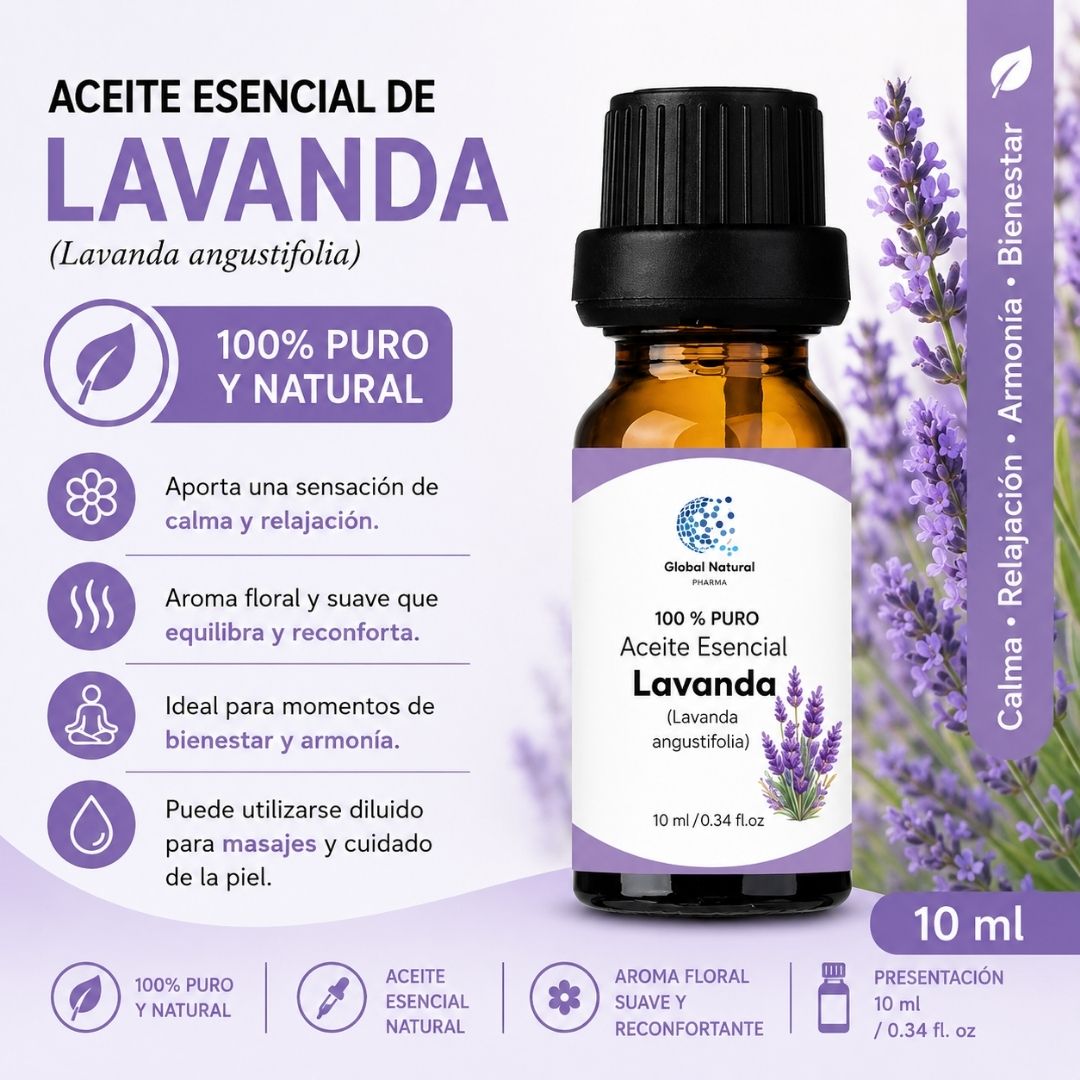 ACEITE ESENCIAL DE LAVANDA NATURAL PARA AROMATERAPIA Y  DIFUSOR FCO 10ML  – GLOBAL - 3