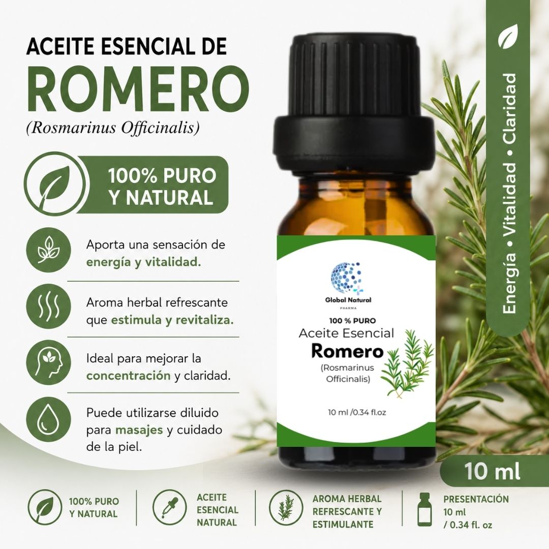 ACEITE ESENCIAL DE ROMERO NATURAL PARA AROMATERAPIA Y  DIFUSOR FCO 10ML  – GLOBAL - 3