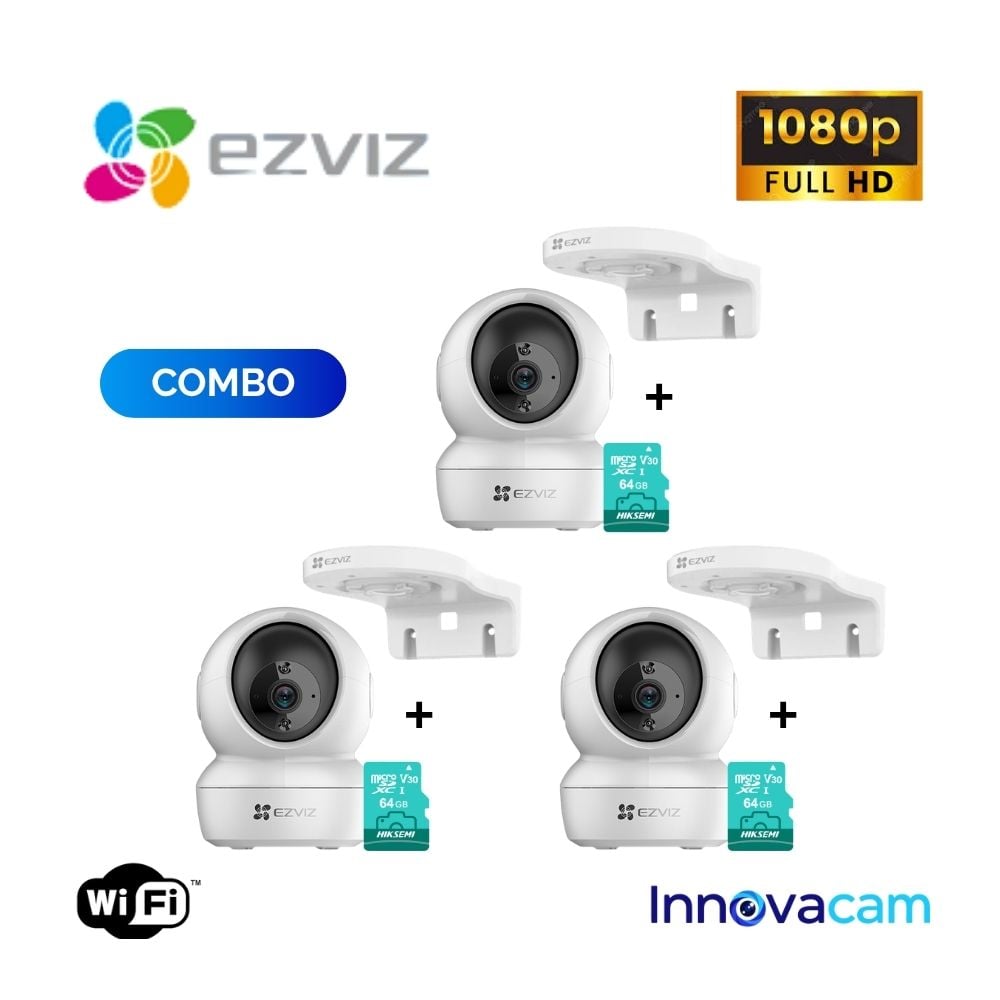 PACK X3 CÁMARAS EZVIZ H6C 360° FULL HD + 3 MEMORIAS 64GB + 3 SOPORTES DE PARED - 1
