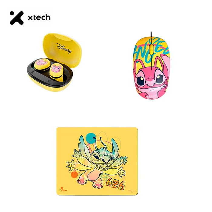 COMBO XTECH DISNEY STITCH AMARILLO MOUSE PAD AUDIFONOS TWS Y MOUSE ALAMBRICO - 1