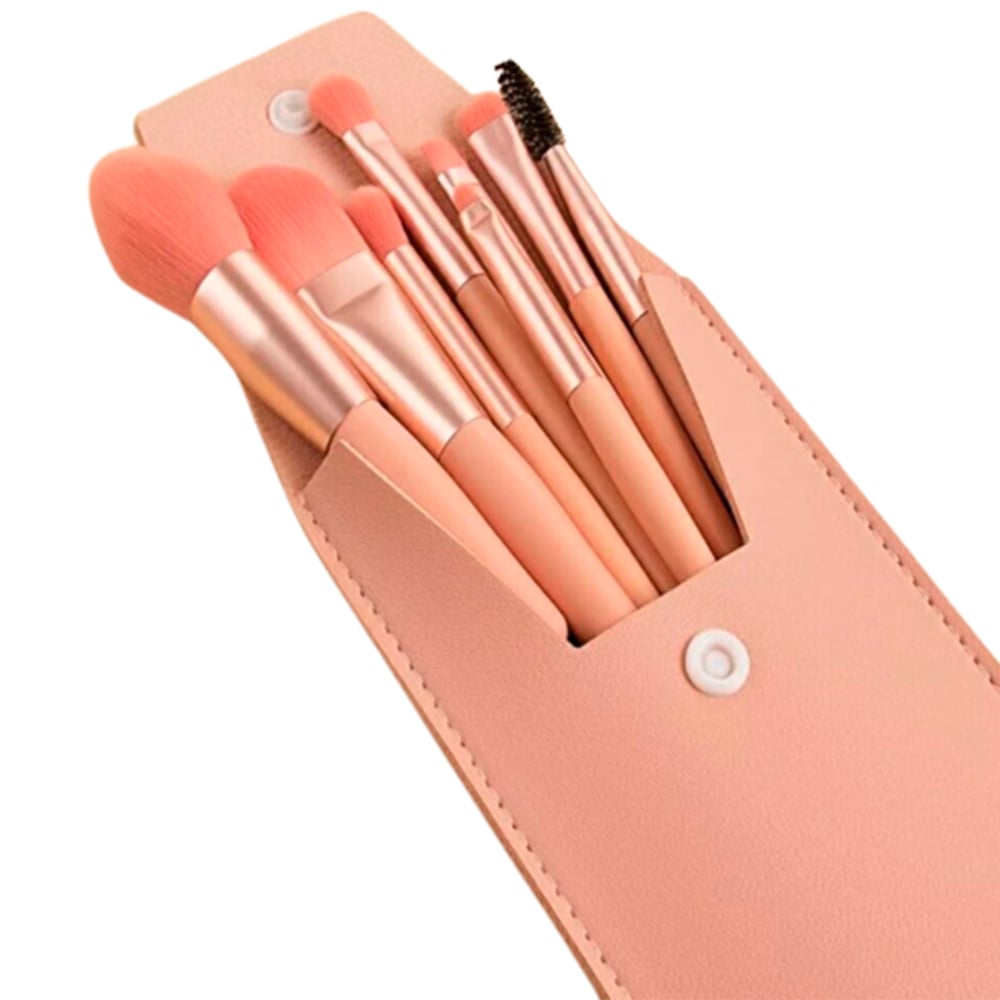 BROCHAS DE MAQUILLAJE SET 8 PIEZAS CON ESTUCHE ROSADO - 1