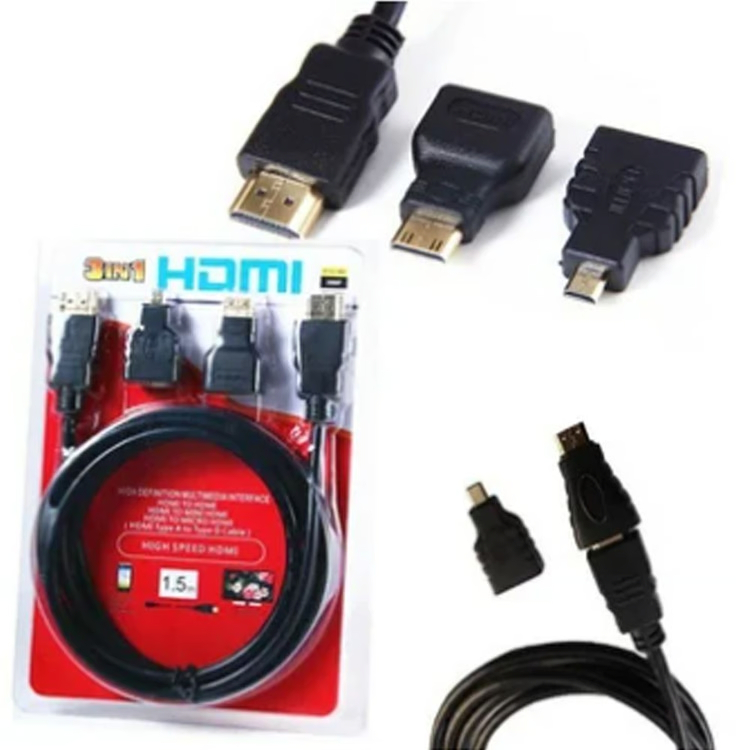CABLE HDMI 3 EN 1 CON ADAPTADOR MINI Y MICRO HDMI 1.5 METROS - 3