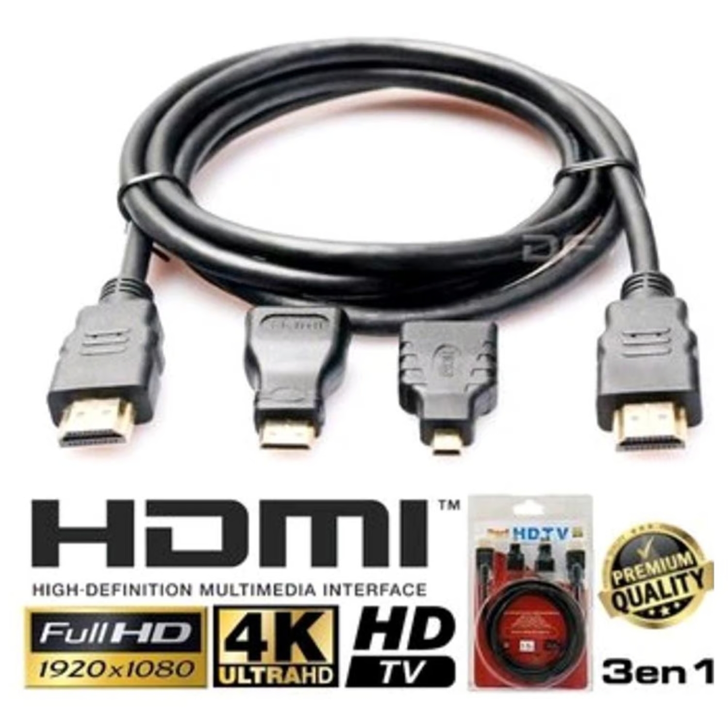CABLE HDMI 3 EN 1 CON ADAPTADOR MINI Y MICRO HDMI 1.5 METROS - 5