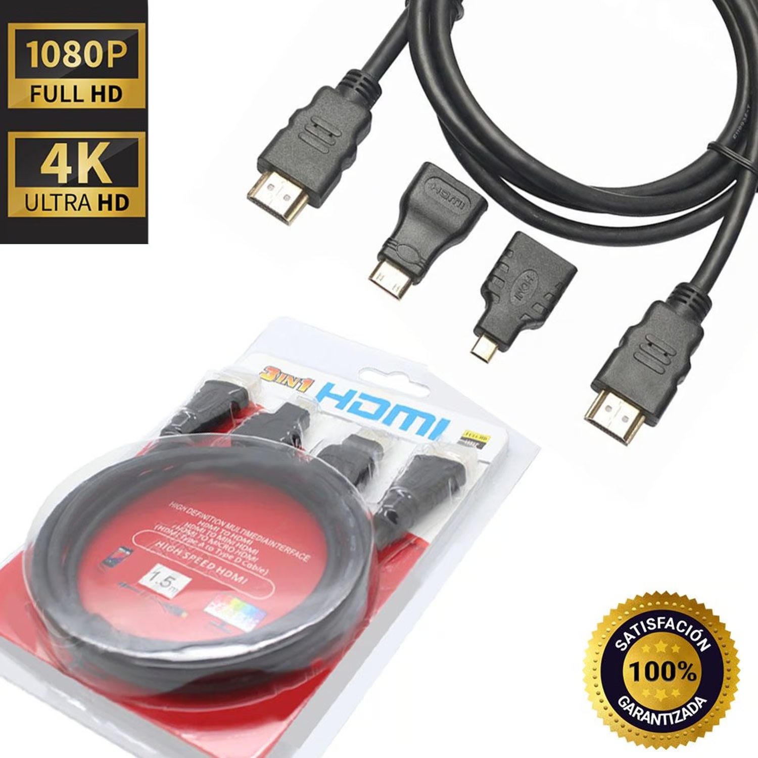 CABLE HDMI 3 EN 1 CON ADAPTADOR MINI Y MICRO HDMI 1.5 METROS - 6