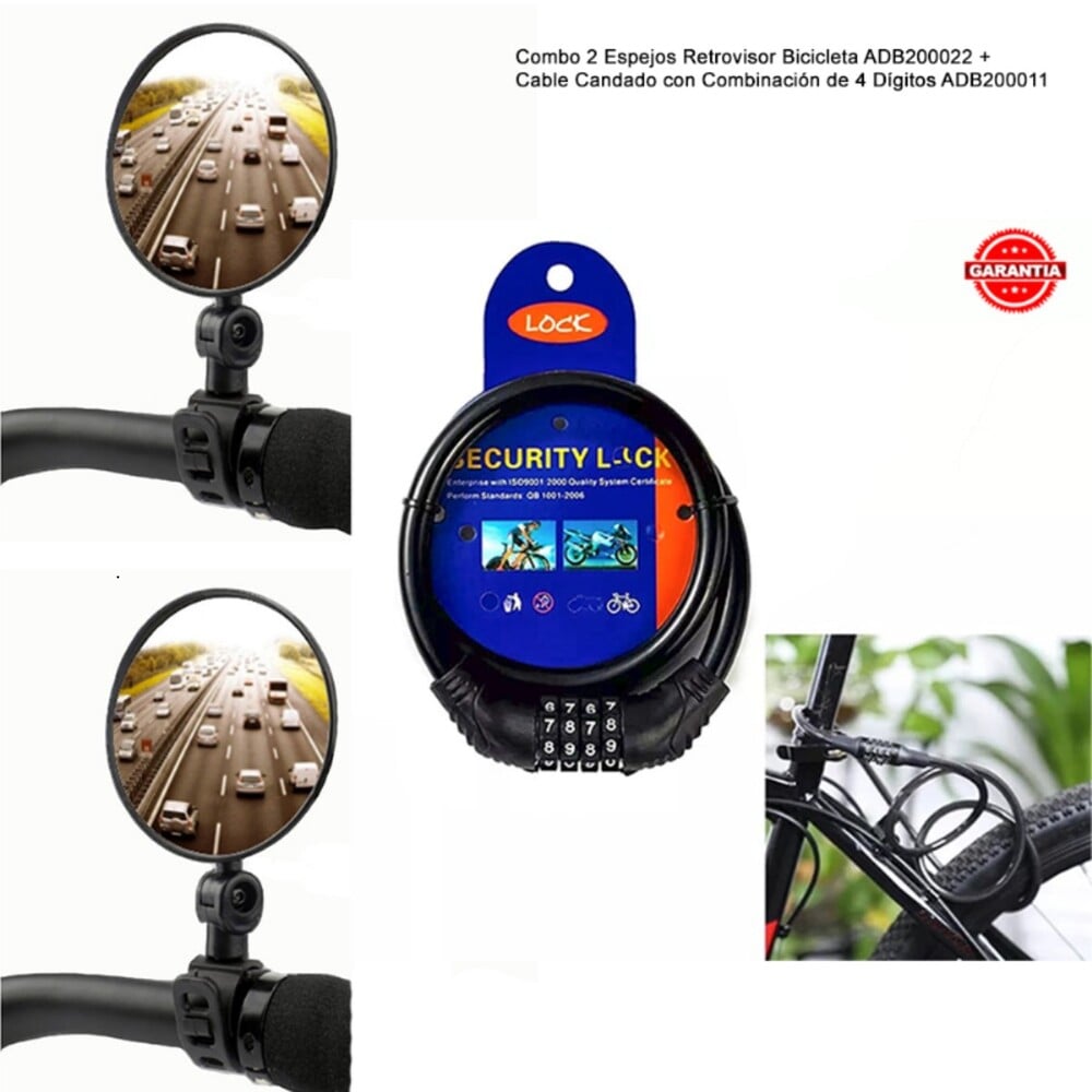 COMBO 2 ESPEJOS RETROVISOR BICICLETA ADB200022 + CABLE CANDADO CON COMBINACIÓN DE 4 DÍGITOS ADB200011 - 1