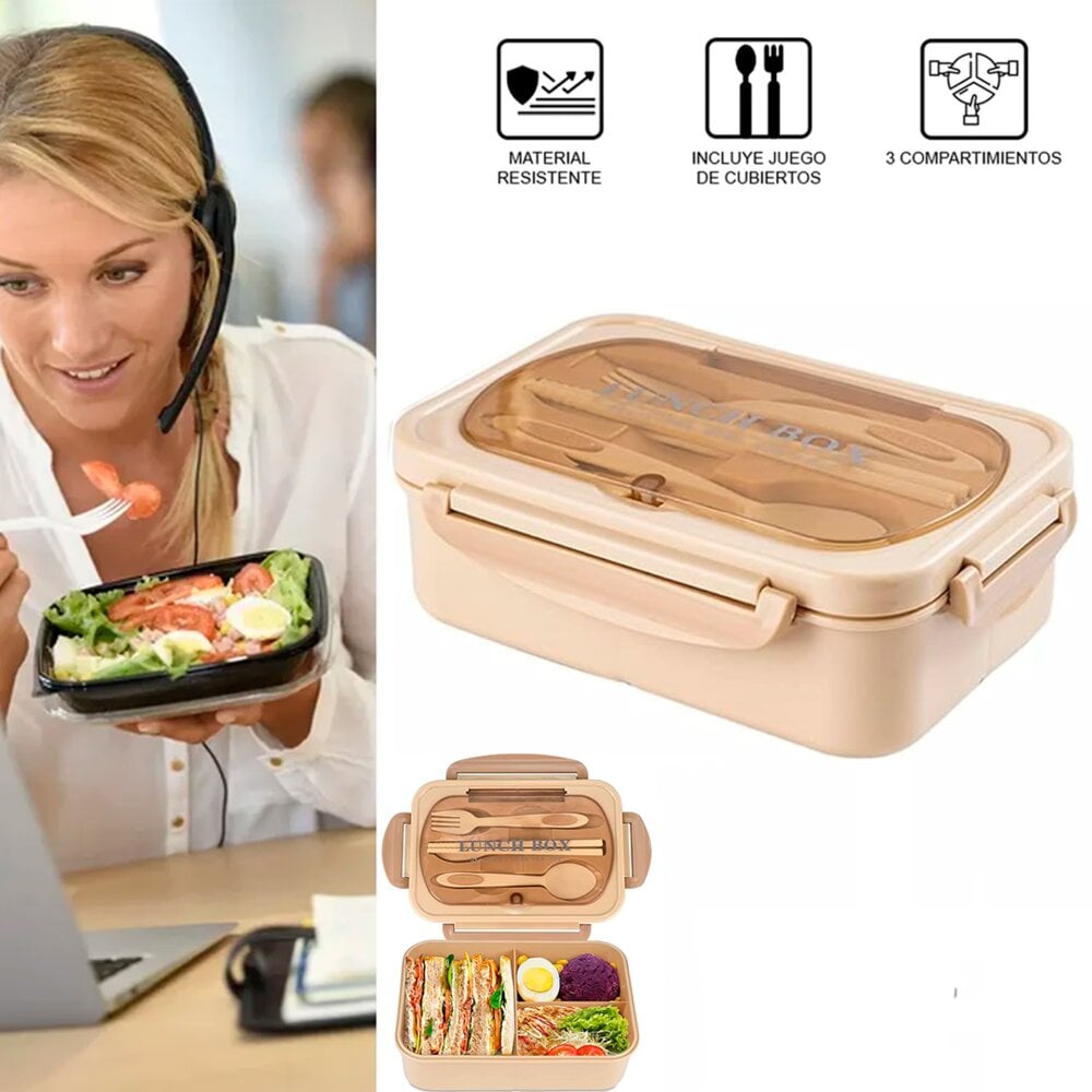 LONCHERA TAPER PORTÁTIL HERMÉTICA DE ALIMENTOS + CUBIERTOS EASYYHOME BEIGE - 1
