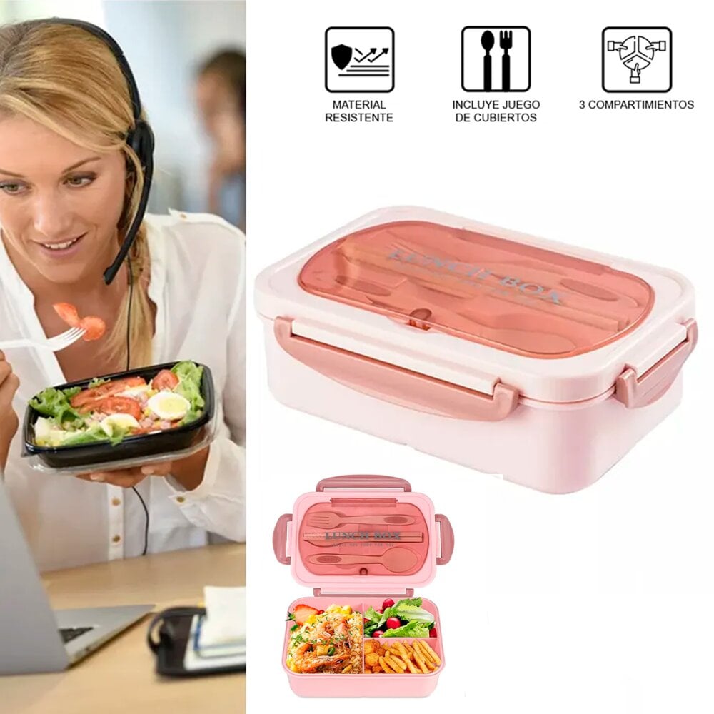 LONCHERA TAPER PORTÁTIL HERMÉTICA DE ALIMENTOS + CUBIERTOS EASYYHOME ROSADO - 1