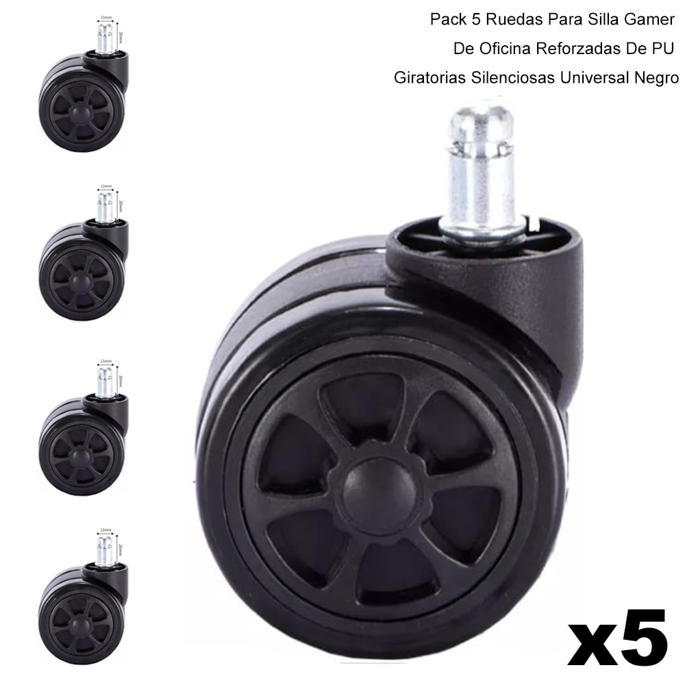PACK 5 RUEDAS PARA SILLA GAMER DE OFICINA GIRATORIAS UNIVERSAL NEGRO - 1