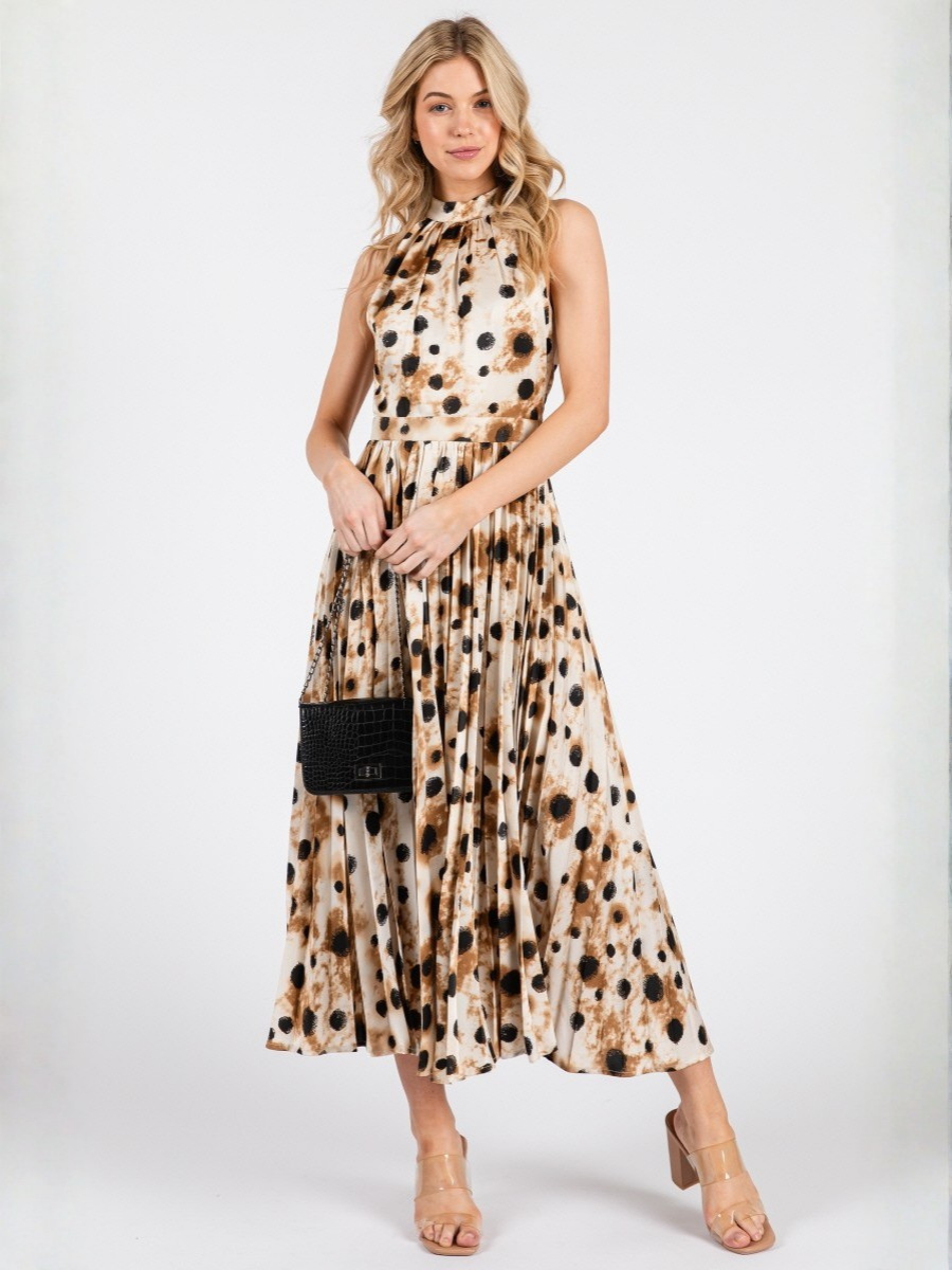 VESTIDO MUJER LARGO MIDI BEIGE EN DISEÑO ANIMAL PRINT Y CUELLO ALTO - 2