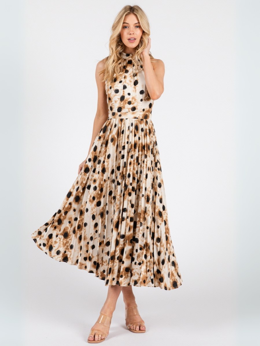 VESTIDO MUJER LARGO MIDI BEIGE EN DISEÑO ANIMAL PRINT Y CUELLO ALTO - 3
