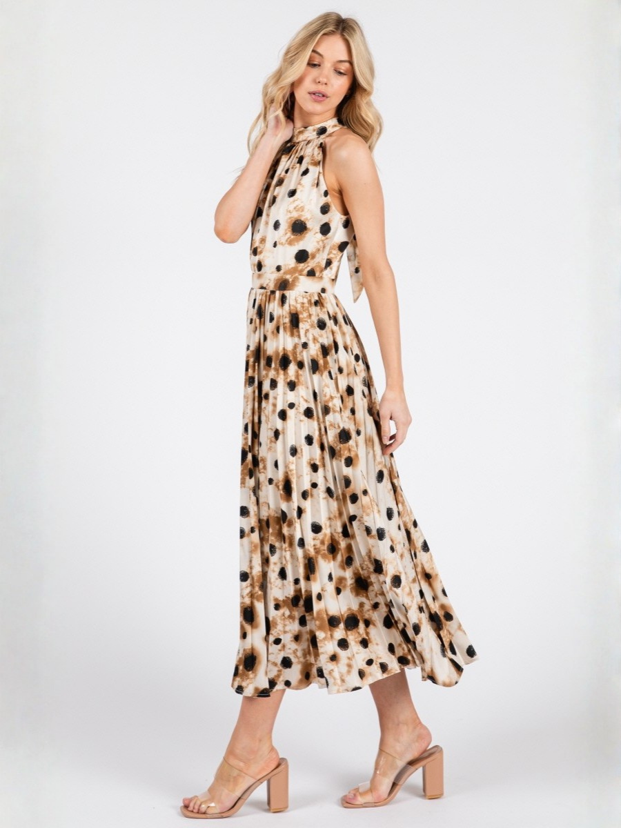 VESTIDO MUJER LARGO MIDI BEIGE EN DISEÑO ANIMAL PRINT Y CUELLO ALTO - 5