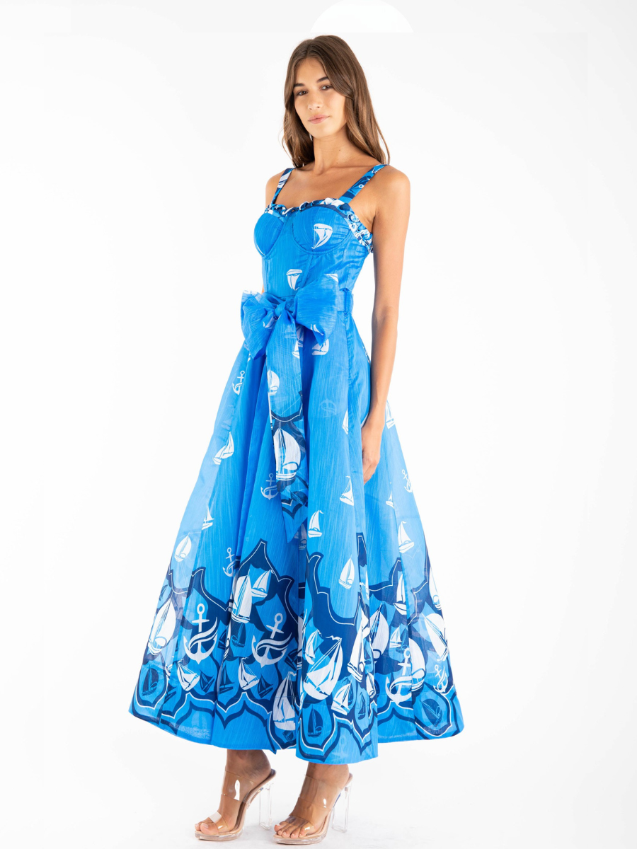 VESTIDO MUJER LARGO MIDI AZUL ESTAMPADO NAUTICO CON LAZO EN CINTURA - 2