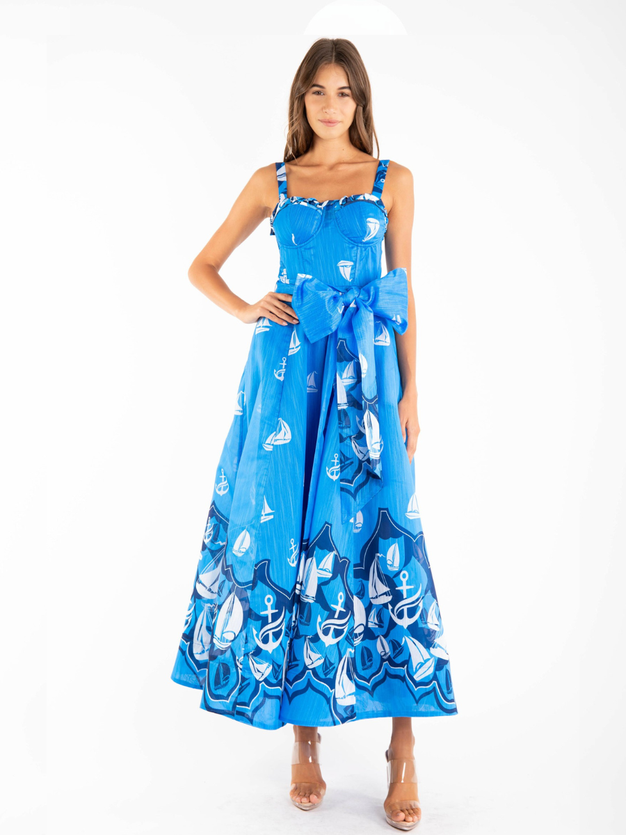 VESTIDO MUJER LARGO MIDI AZUL ESTAMPADO NAUTICO CON LAZO EN CINTURA - 3