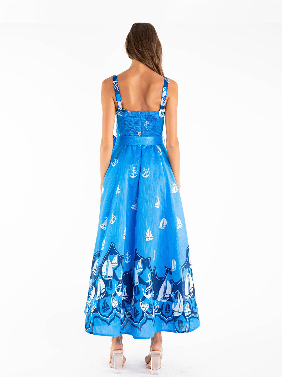 VESTIDO MUJER LARGO MIDI AZUL ESTAMPADO NAUTICO CON LAZO EN CINTURA - 4