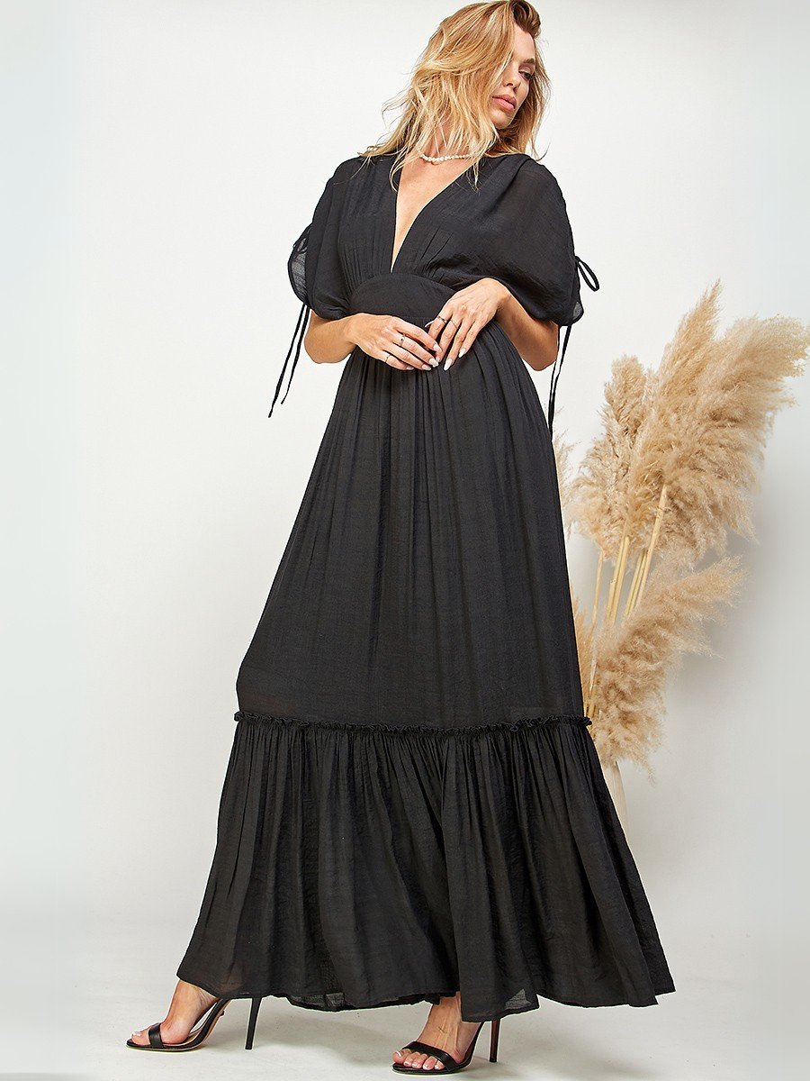 VESTIDO MUJER LARGO MAXI NEGRO ESCOTE EN V Y MANGA AJUSTABLE - 2