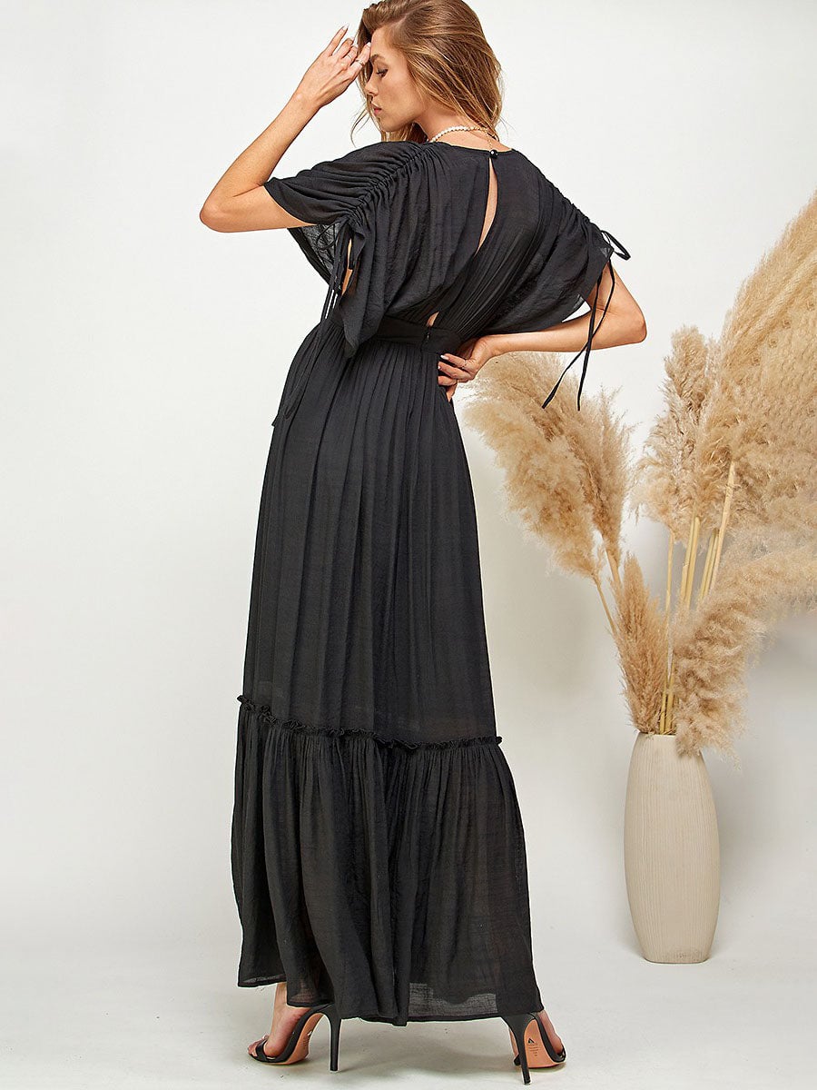 VESTIDO MUJER LARGO MAXI NEGRO ESCOTE EN V Y MANGA AJUSTABLE - 5