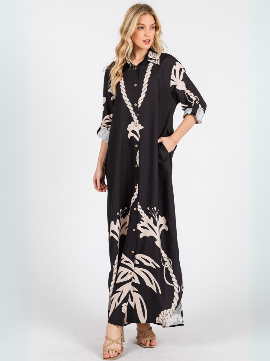 VESTIDO TUNIC MUJER LARGO MAXI NEGRO ESTAMPADO TROPICAL ESCOTE EN V - 1