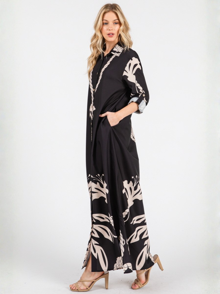 VESTIDO TUNIC MUJER LARGO MAXI NEGRO ESTAMPADO TROPICAL ESCOTE EN V - 2