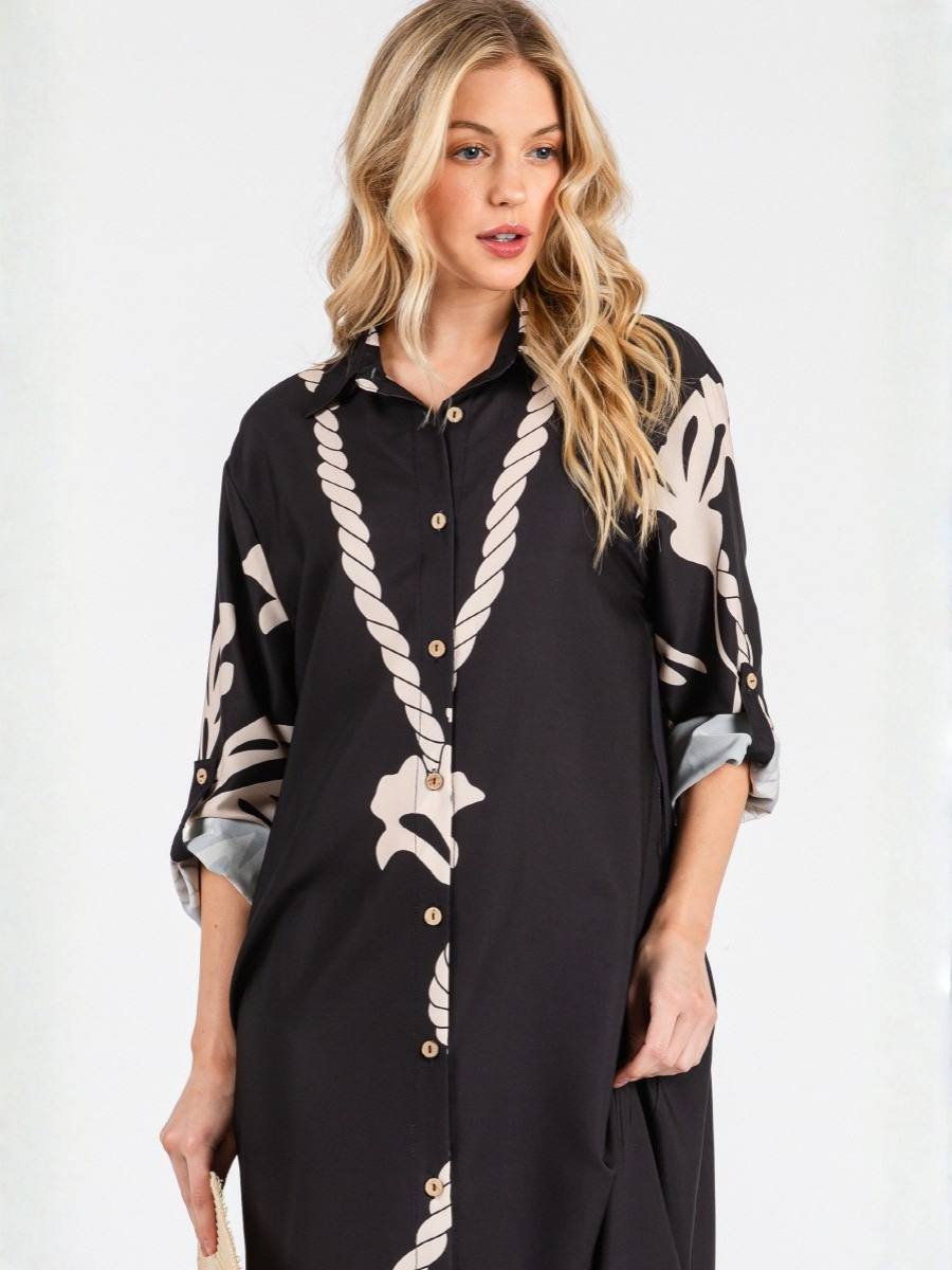 VESTIDO TUNIC MUJER LARGO MAXI NEGRO ESTAMPADO TROPICAL ESCOTE EN V - 3