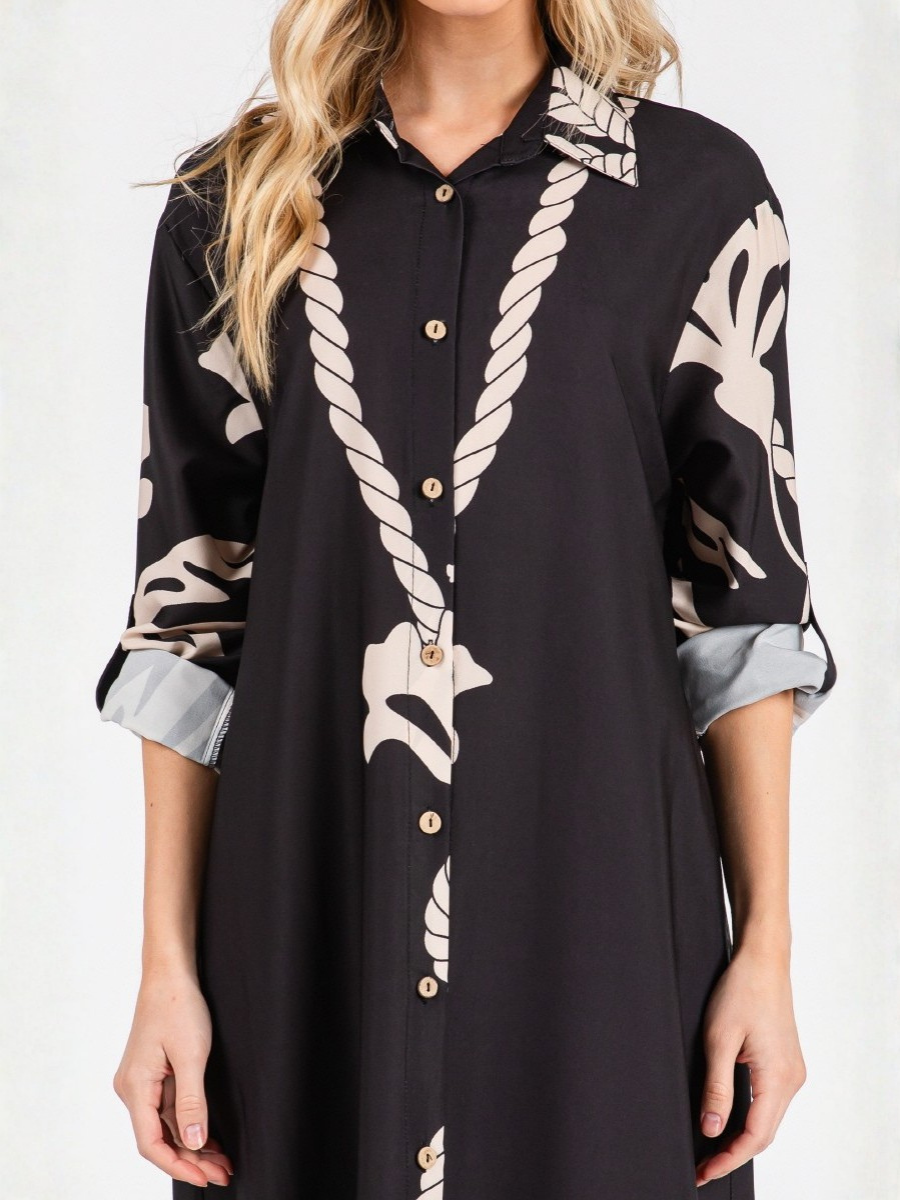 VESTIDO TUNIC MUJER LARGO MAXI NEGRO ESTAMPADO TROPICAL ESCOTE EN V - 4