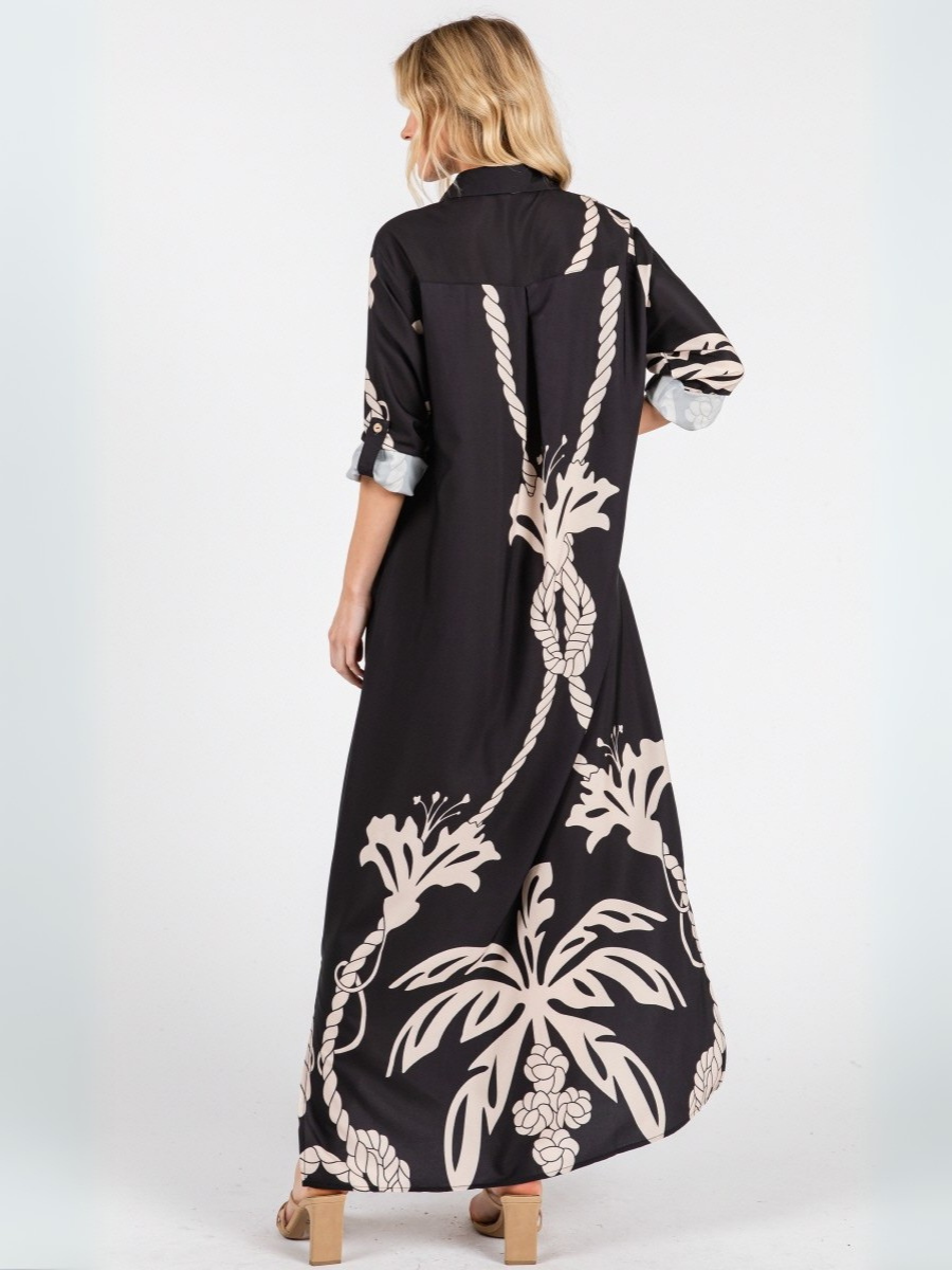 VESTIDO TUNIC MUJER LARGO MAXI NEGRO ESTAMPADO TROPICAL ESCOTE EN V - 5