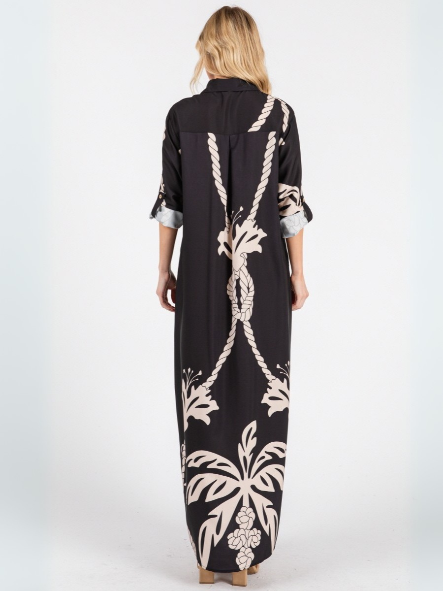 VESTIDO TUNIC MUJER LARGO MAXI NEGRO ESTAMPADO TROPICAL ESCOTE EN V - 6
