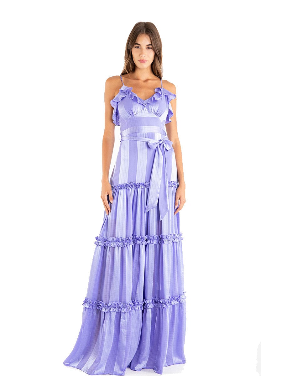 VESTIDO MUJER LARGO MAXI LILA SIN MANGAS CON VOLANTES Y FALDA 3 TIEMPOS - 1