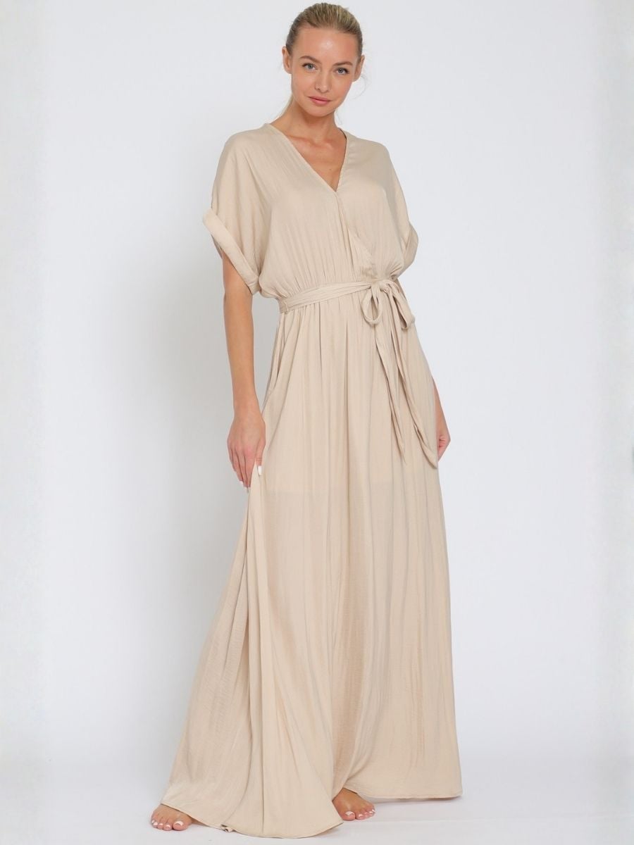 VESTIDO MUJER LARGO MAXI BEIGE ESCOTE EN V CON CINTURON - 1