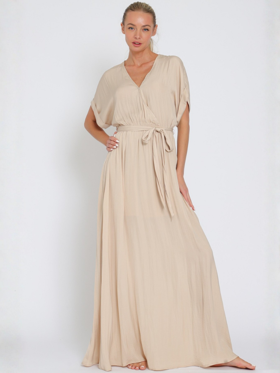 VESTIDO MUJER LARGO MAXI BEIGE ESCOTE EN V CON CINTURON - 2