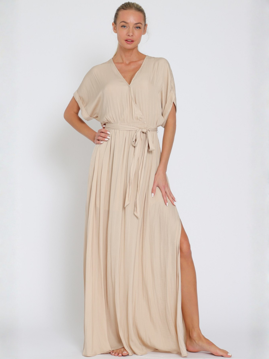 VESTIDO MUJER LARGO MAXI BEIGE ESCOTE EN V CON CINTURON - 3