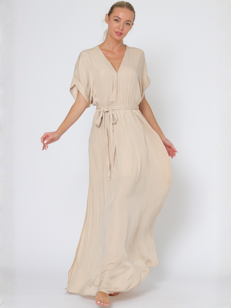 VESTIDO MUJER LARGO MAXI BEIGE ESCOTE EN V CON CINTURON - 4
