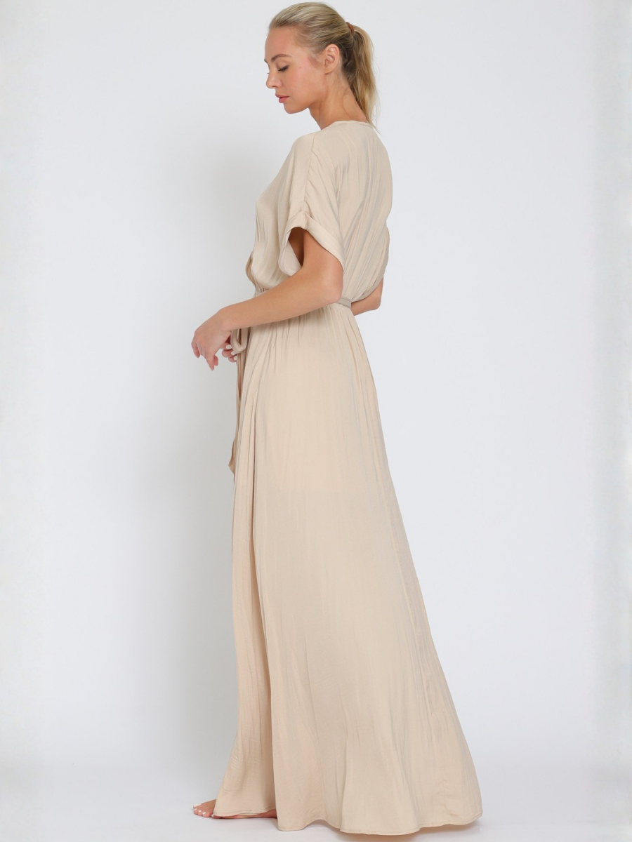 VESTIDO MUJER LARGO MAXI BEIGE ESCOTE EN V CON CINTURON - 5
