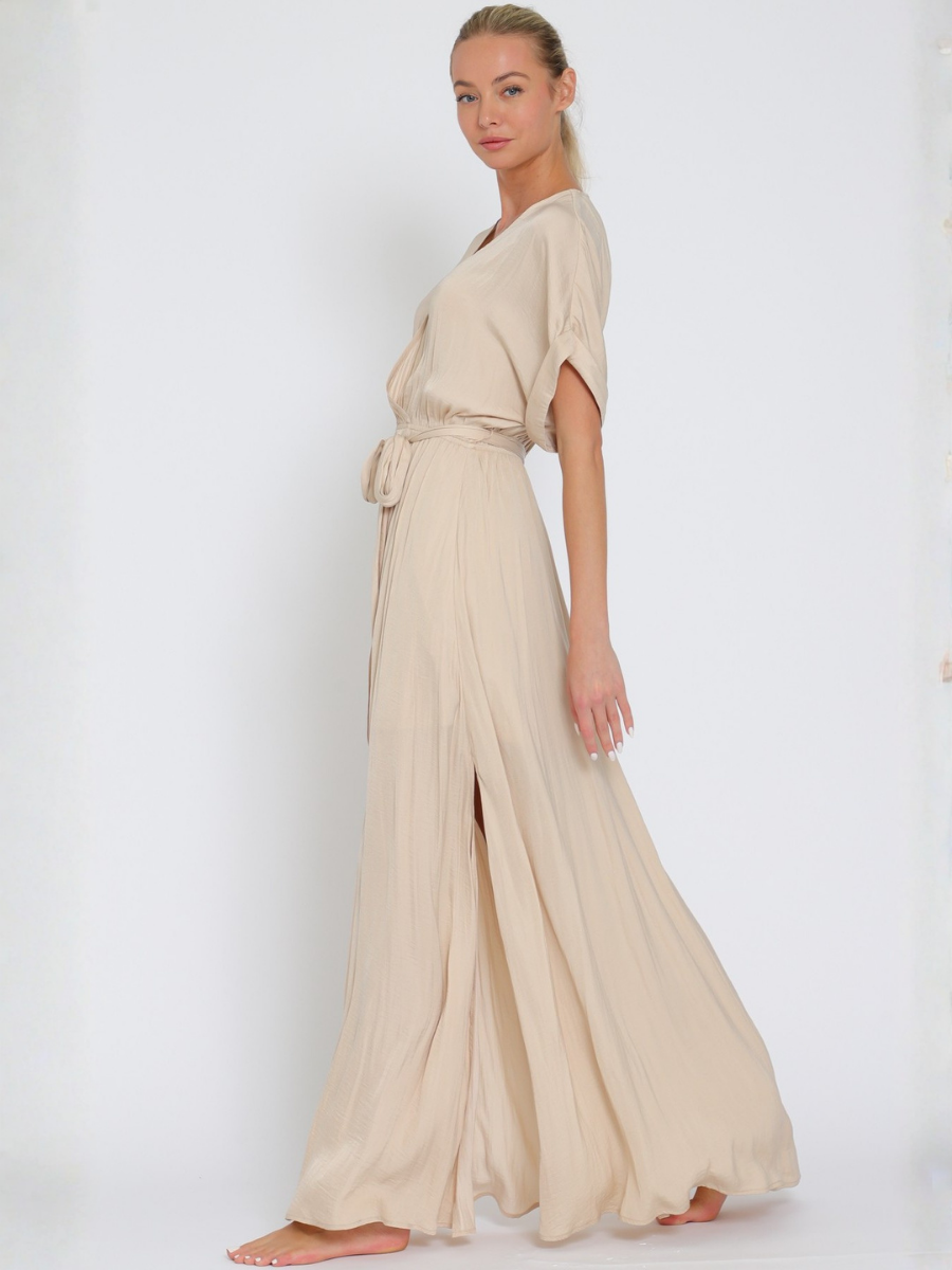 VESTIDO MUJER LARGO MAXI BEIGE ESCOTE EN V CON CINTURON - 6