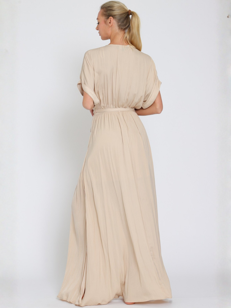 VESTIDO MUJER LARGO MAXI BEIGE ESCOTE EN V CON CINTURON - 7