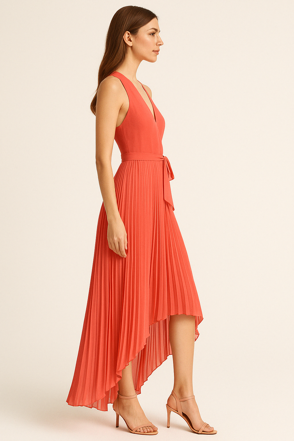 VESTIDO MUJER CORAL LARGO ASIMETRICO ESCOTE EN V CON CINTURON - 2
