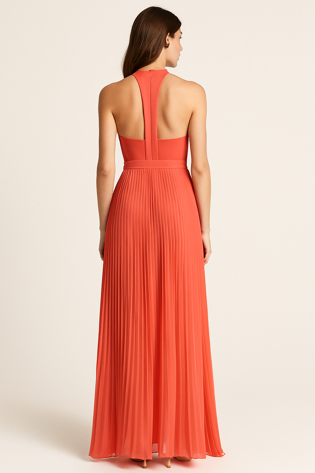 VESTIDO MUJER CORAL LARGO ASIMETRICO ESCOTE EN V CON CINTURON - 3