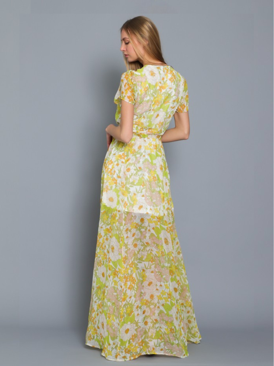 VESTIDO MUJER LARGO MAXI  ENVOLVENTE VERDE ESTAMPADO FLORAL ESCOTE EN V - 5