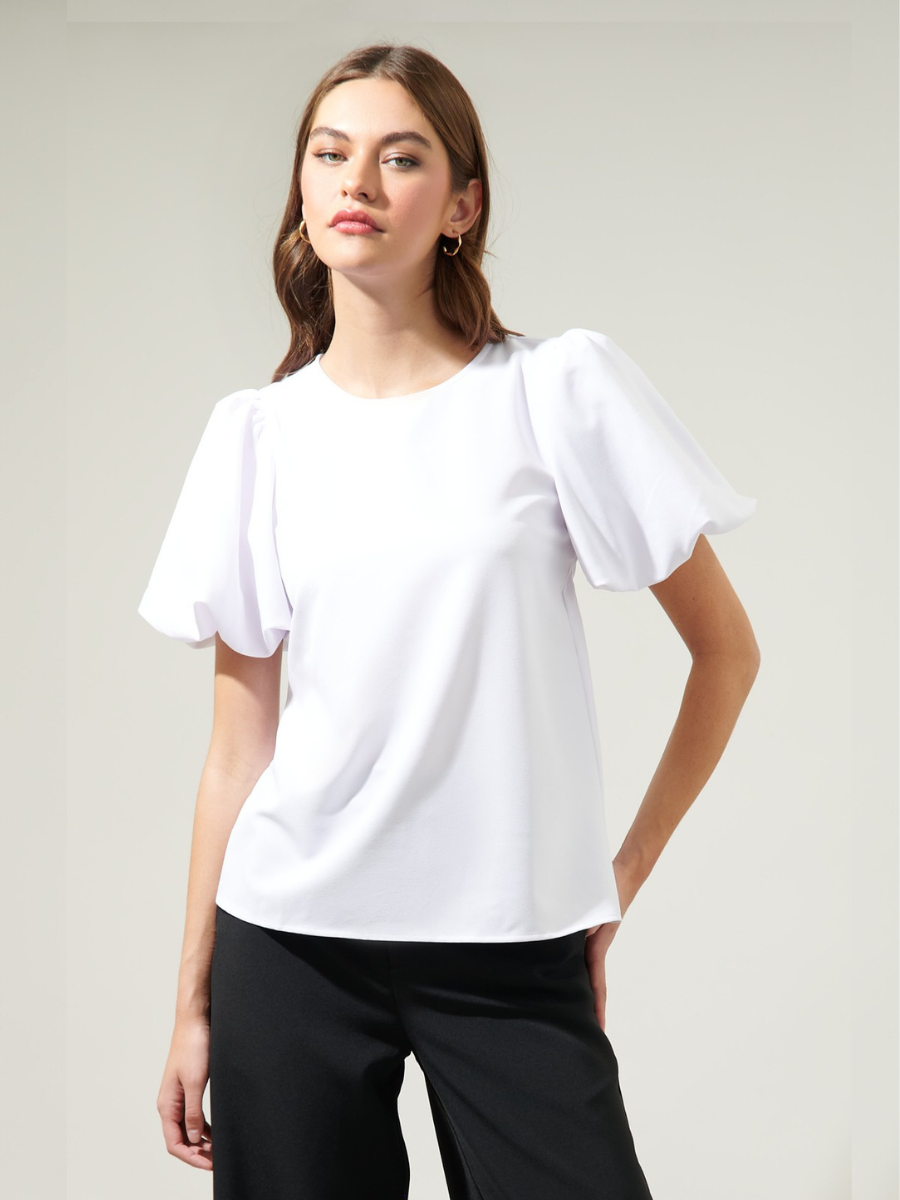 BLUSA TOP NEGRO MUJER CUELLO REDONDO MANGA GLOBO - 1