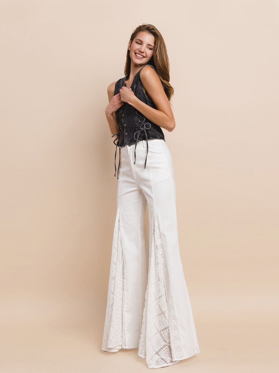PANTALON JEAN BLANCO MUJER CORTE CAMPANA CON ENCAJE - 1