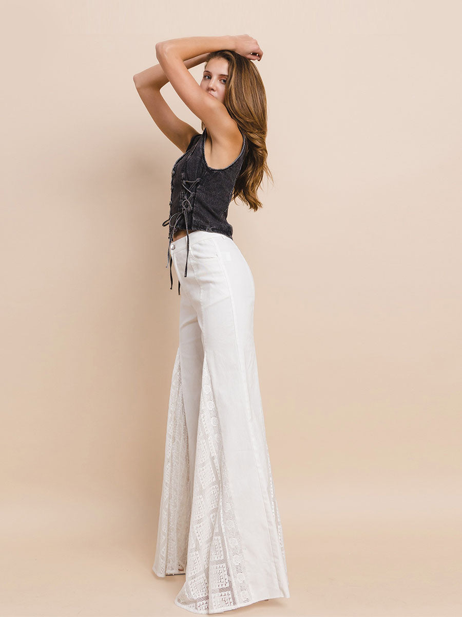 PANTALON JEAN BLANCO MUJER CORTE CAMPANA CON ENCAJE - 2