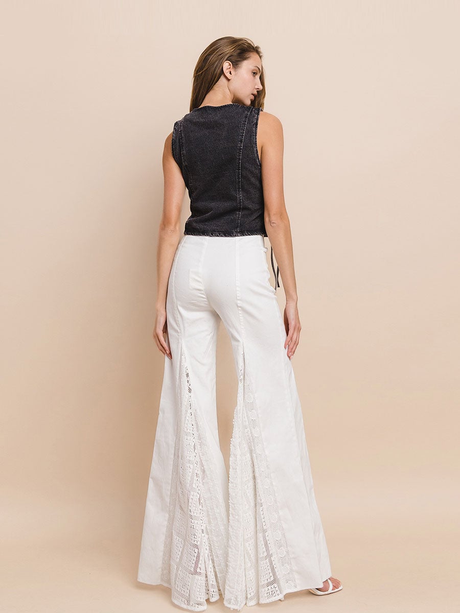 PANTALON JEAN BLANCO MUJER CORTE CAMPANA CON ENCAJE - 3