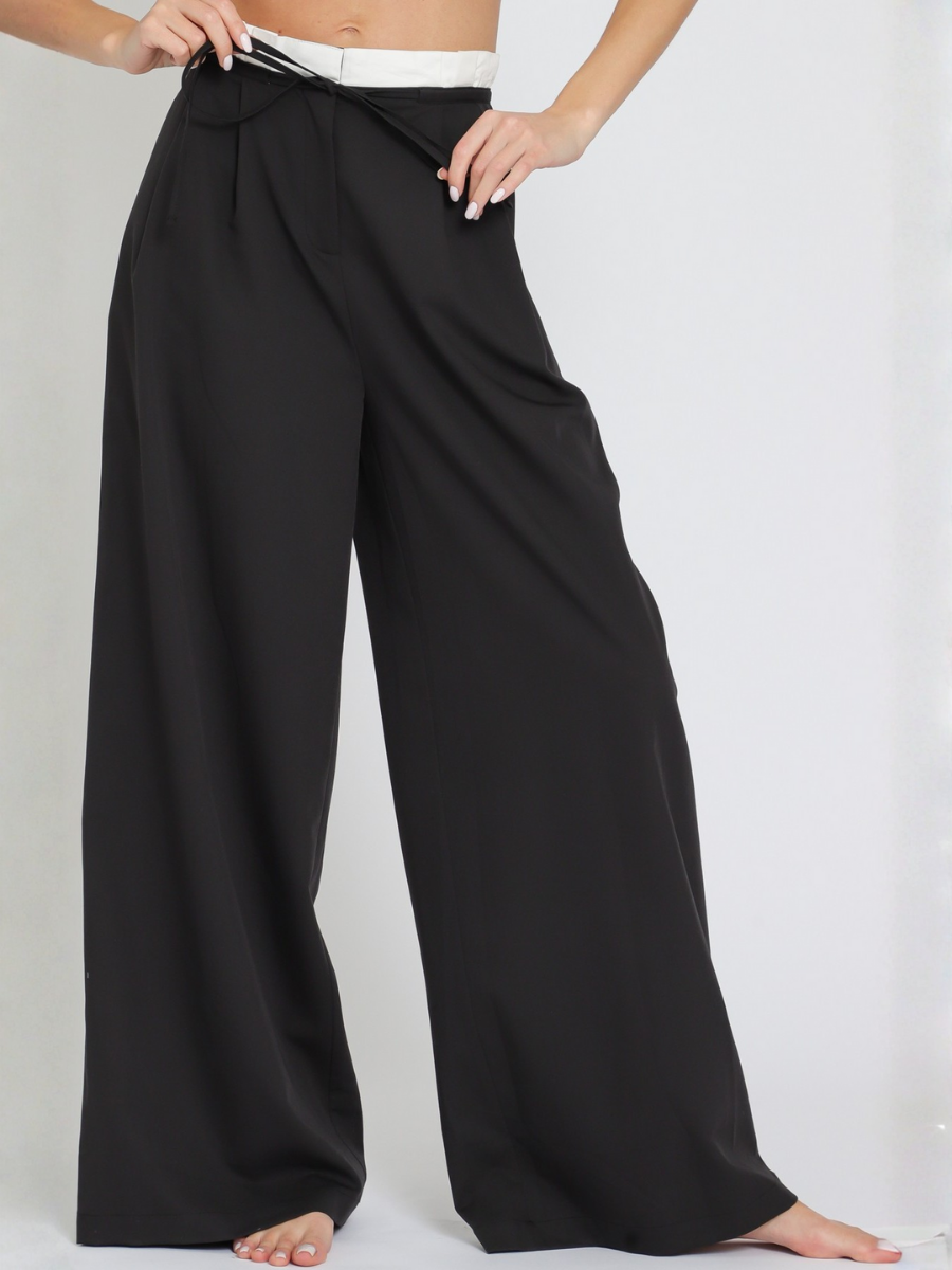 PANTALON MUJER PALAZZO NEGRO CON CORDON AJUSTABLE Y FRANJA BLANCA EN CINTURA - 1