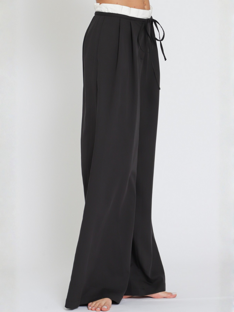 PANTALON MUJER PALAZZO NEGRO CON CORDON AJUSTABLE Y FRANJA BLANCA EN CINTURA - 2