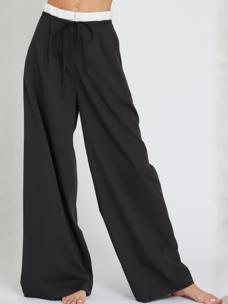 PANTALON MUJER PALAZZO NEGRO CON CORDON AJUSTABLE Y FRANJA BLANCA EN CINTURA - 3