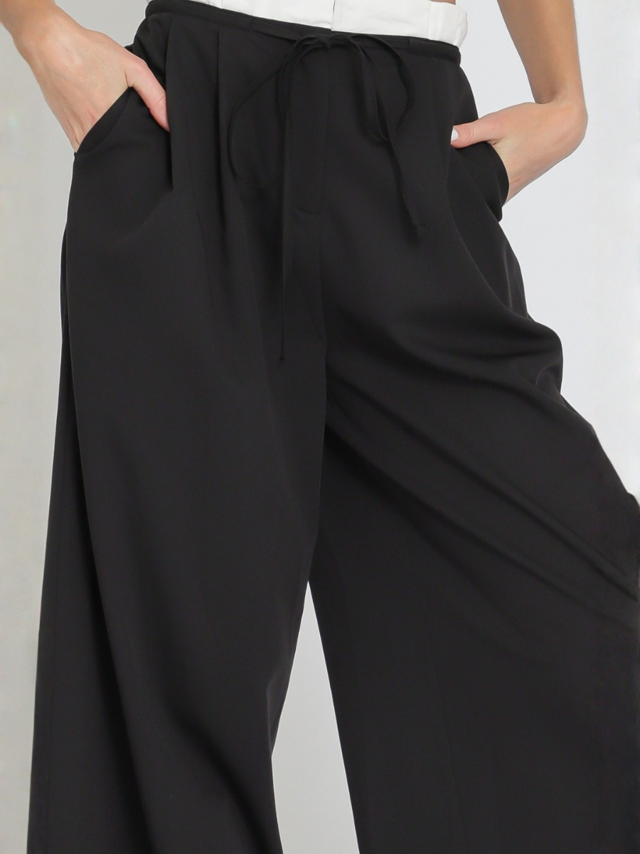 PANTALON MUJER PALAZZO NEGRO CON CORDON AJUSTABLE Y FRANJA BLANCA EN CINTURA - 4