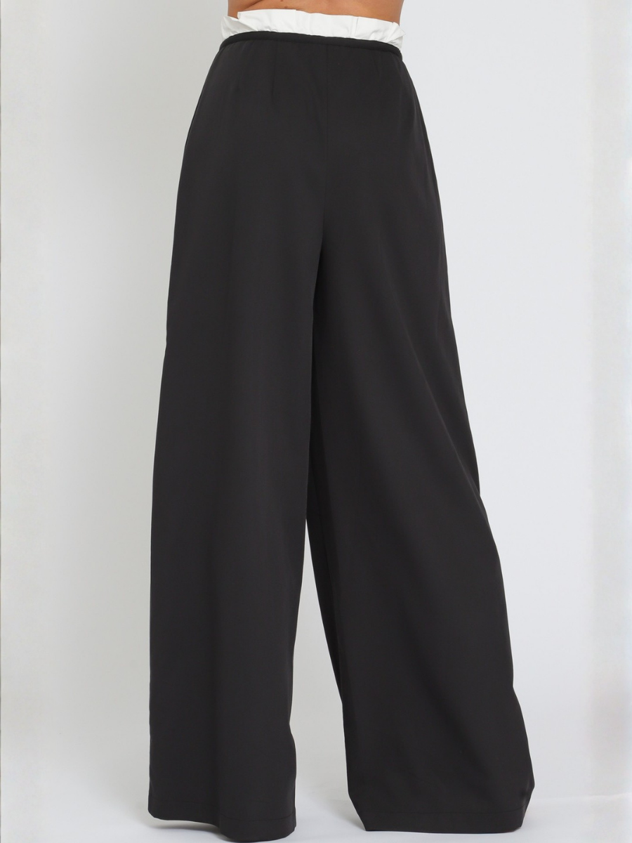 PANTALON MUJER PALAZZO NEGRO CON CORDON AJUSTABLE Y FRANJA BLANCA EN CINTURA - 5