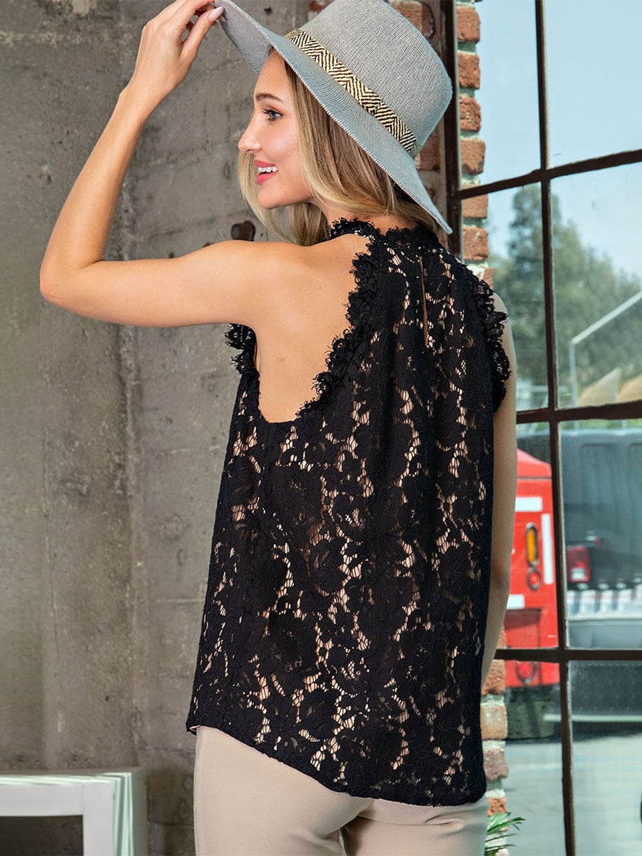BLUSA TOP MUJER DE ENCAJE Y CUELLO ALTO ESTILO HALTER NEGRO SIN MANGAS - 2