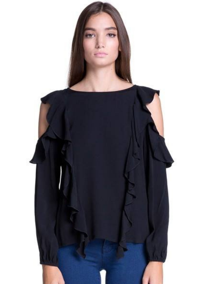 BLUSA TOP MUJER HOMBROS DESCUBIERTOS CON VOLANTES NEGRO - 1